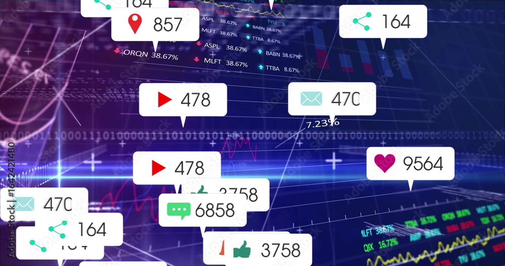 Poster cluster of play-button and heart icons floating in virtual analytics dashboard, with layered charts
