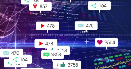 Cluster of play-button and heart icons floating in virtual analytics dashboard, with layered charts
