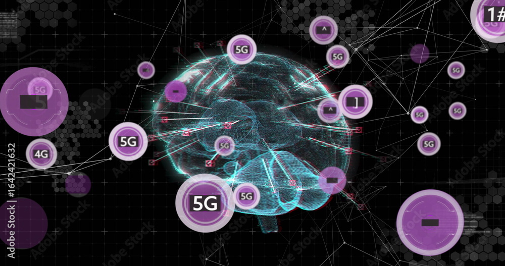 Poster displaying glowing 3d wireframe brain floating over dark grid, with 5g and 4g nodes, hex patterns