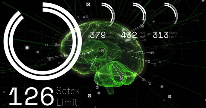 Displaying 3D brain hologram in data interface, linking nodes with charts, labels and network lines - Powered by Adobe