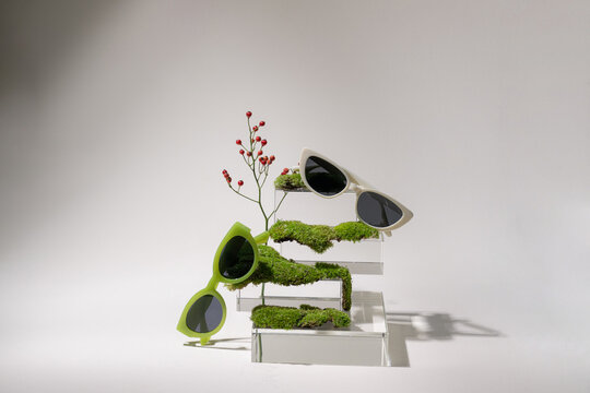 Creative Sunglasses Display Featuring Nature-Inspired Elements