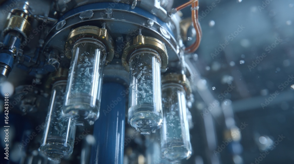 Poster a medium closeup of an advanced separation unit on the reactor skid showcasing the separation of ace