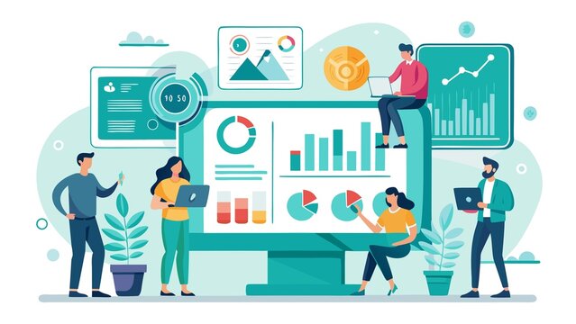 Illustration of a diverse team analyzing data on a large computer