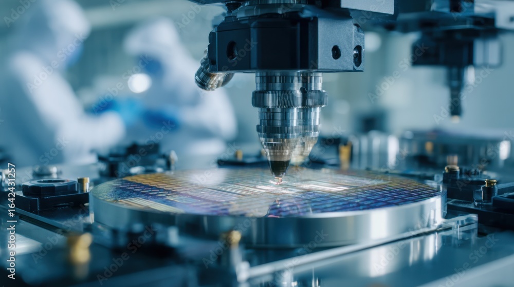Poster focused medium shot of a photonicchip lidar wafer mounted on an inspection stage showcasing intricat