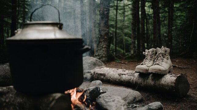 Hiking boots resting on a log near a campfire and cooking pot.
