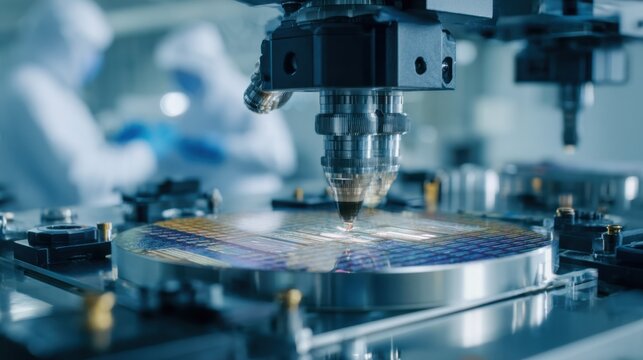 Focused medium shot of a photonicchip lidar wafer mounted on an inspection stage showcasing intricate patterns with the sterile cleanroom setting and operators softly blurred