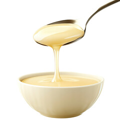 Sweet condensed milk flowing down from spoon into bowl isolated on transparent white background, clipping path