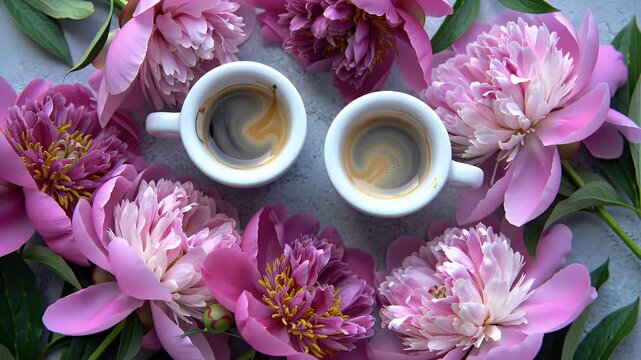Two Coffee Cups Surrounded by Pink Peonies and Green Leaves in a Circular Floral Arrangement on Gray Background