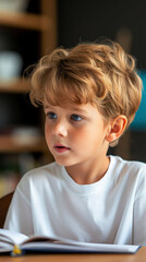 Confident Eight-Year-Old Boy Reads Aloud to Classmates in a Warm, Engaging Classroom Environment