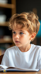 Confident Eight-Year-Old Boy Reading Aloud in a Classroom Filled With Warm Natural Light