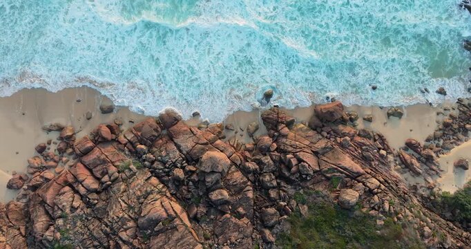 4k Aerial views of rugged rocky coastline in South West Australia at sunset