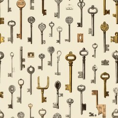 A vibrant repeating pattern featuring different types of keys.