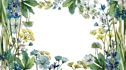 Floral rectangle frame of abstract green plants with wild leaves transparent background