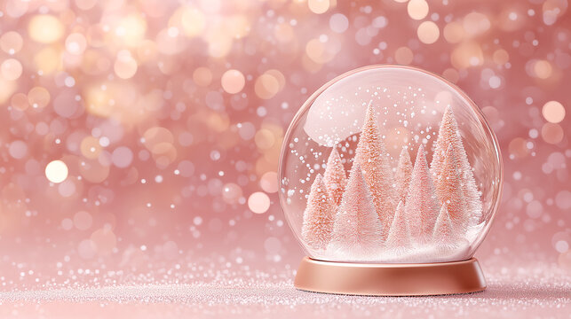 Pink snow globe with pastel trees, white snowflakes, and soft bokeh lights. Dreamy winter holiday decoration in a delicate, festive setting. Ideal for seasonal design and ads.