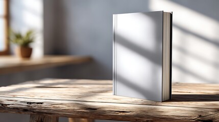 Blank White Book Standing on Rustic Wooden Table with Shadowed Background