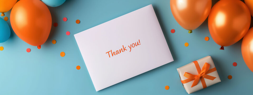 Minimalist Design Featuring a Thank You Card With Celebratory Balloons and a Wrapped Gift in a Top-Down View for Event Inspirations