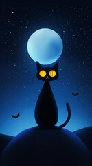 Fototapeta premium Black Cat With Glowing Eyes Sits on Pumpkin Under a Starry Night Sky for a Minimalist Halloween Design