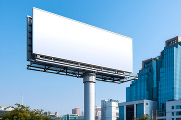 Blank White Billboard Against Blue Sky in Urban Cityscape. Mock up promotion information for marketing announcements and details, blank white space.