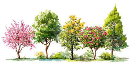 Obraz premium Group of 5 flowering roadside trees with diverse blossoms transparent background