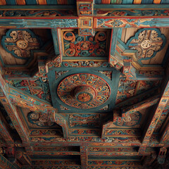 Fototapeta premium Hand-carved wooden ceiling panels in a Tibetan monastery.