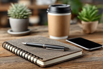 Notebook with fountain pen on wooden table in cozy cafe
