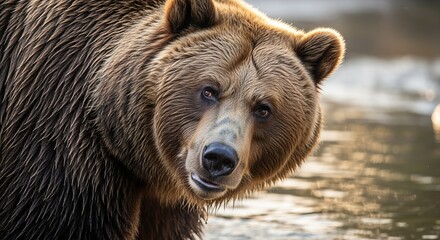 Fototapeta premium Brown Grizzly Bear Posing Near Water with Golden Lighting Outdoor