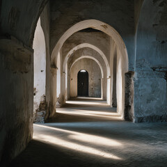 Obraz premium Interior arch framing of an old monastery hallway.