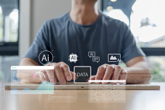 Hands typing on laptop with virtual AI and data icons, representing machine learning, coding, and big data technology for innovation and digital transformation.
