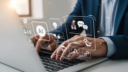 Man types rapidly on a silver laptop illuminated icons hover business suit digital communication connectivity focus precision concentrated hands working technology - Powered by Adobe