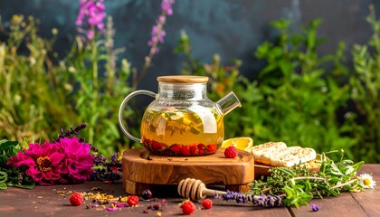 Herbal tea in glass teapot with flowers and berries