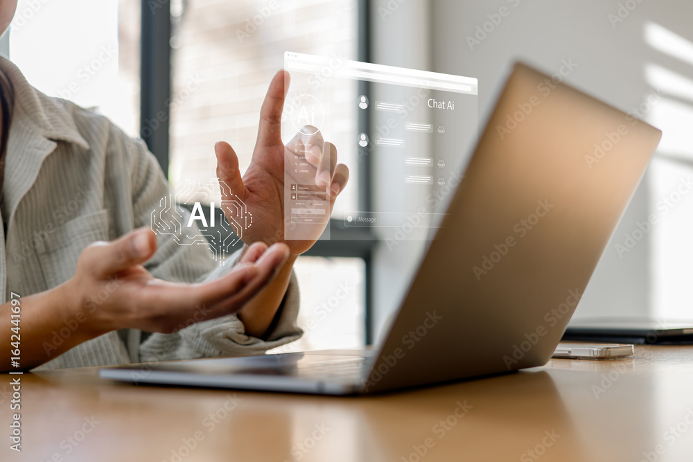 Aufkleber person interacting with virtual ai chatbot interface on laptop, symbolizing artificial intelligence,