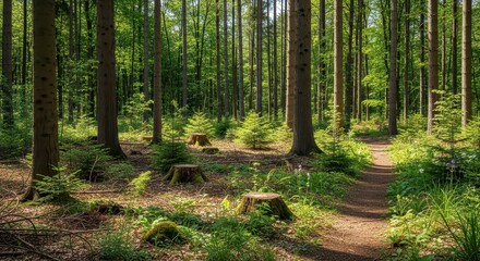 Forest pathway with sunlight through trees