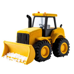 Yellow toy tractor with plow isolated on black background