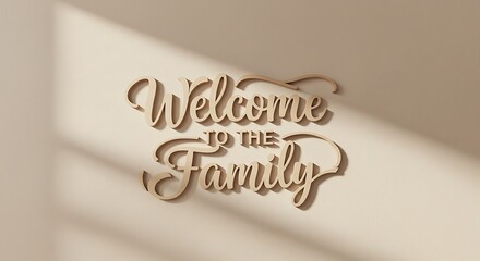 "Welcome to the Family" text art in a cursive font style, casting shadows on a neutral beige wall, creating a warm and inviting atmosphere.