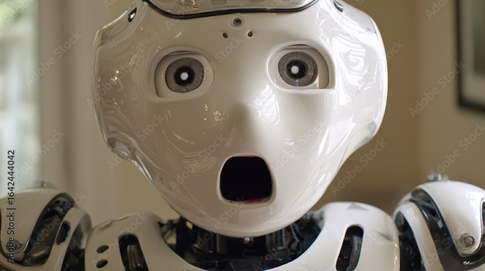 Poster close-up of a white robot head with an open-mouthed expression.