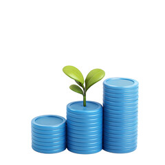 Realistic 3D render of green plant sprouting from stacked blue coins, symbolizing financial growth, investment, savings, sustainability, and prosperity

