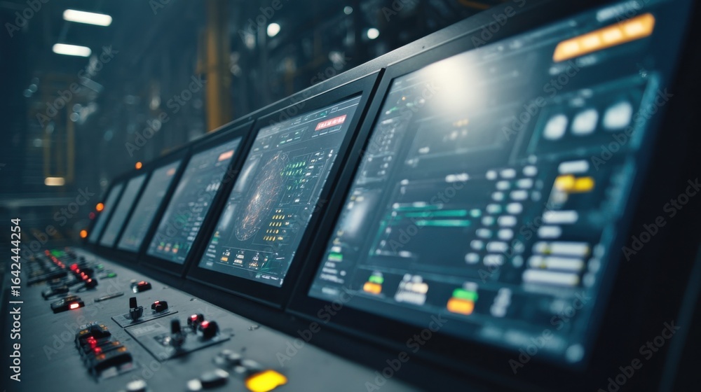 Poster a detailed shot of the control panel featuring touch screens and manual overrides illustrating the a