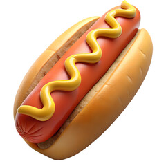 Realistic 3D illustration of hot dog with grilled sausage in soft bun topped with mustard, isolated on white background, fast food concept, tasty snack

