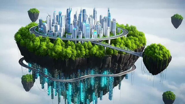 Futuristic city on a floating island surrounded by clouds representing a modern utopia and innovative urban development