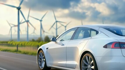 A sleek white electric car drives on road, with wind turbines in backdrop. The scene highlights sustainable transportation, use renewable energy for greener future - Powered by Adobe