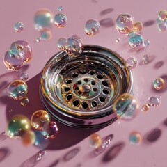 Close-up view of a sleek metallic sink drain adorned with vibrant soap bubbles in a pastel minimalist setting