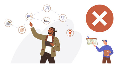 Person pointing at logistics network with transportation modes, courier holding package beside incorrect route indicator. Ideal for logistics, planning, delivery, navigation, challenges, mapping