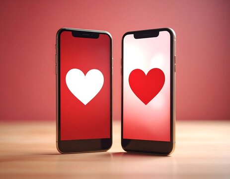 Two smartphones display large heart icons, symbolizing digital romance or online connection.