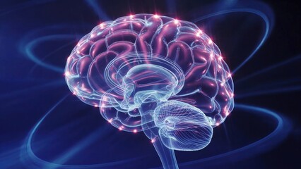A digital illustration of a human brain with glowing nodes and abstract blue lines surrounding it