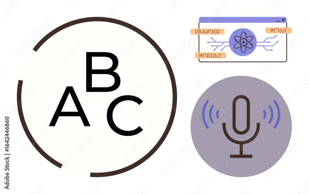 Poster black abc letters in a circular design, microphone icon with sound waves, and digital tech interface
