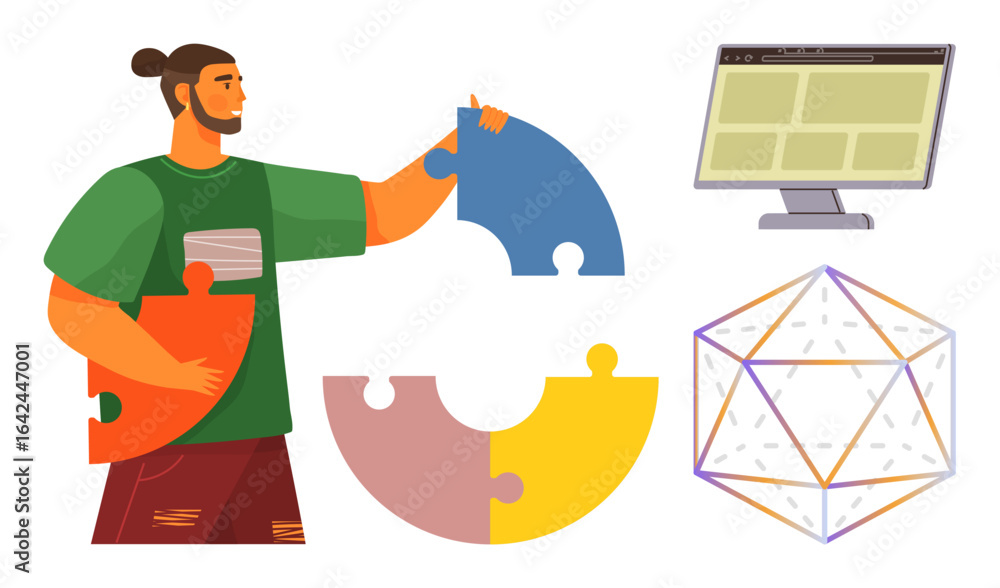 Aufkleber man holds puzzle pieces, forming a circle beside a computer monitor and 3d polygon. ideal for teamwo
