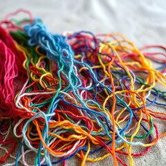 Colorful threads and fibers tangled on a table, threads, table, textile