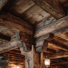 Wooden beam joinery in a traditional Scandinavian lodge.
