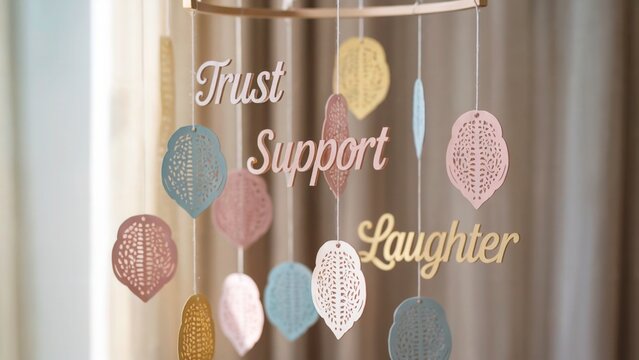 A close up shot of a baby mobile with the words trust support and laughter hanging from it in a nursery