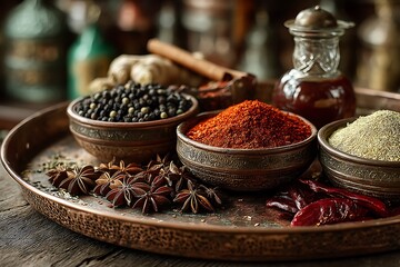 Rustic spice arrangement in hammered copper tray high resolution wallpaper